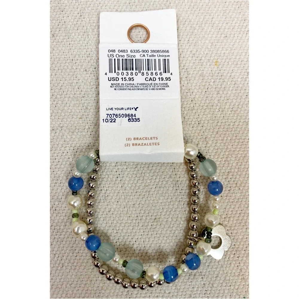 NWT AEO American Eagle Outfitters Silver Blue Beaded stretch Bracelet Set